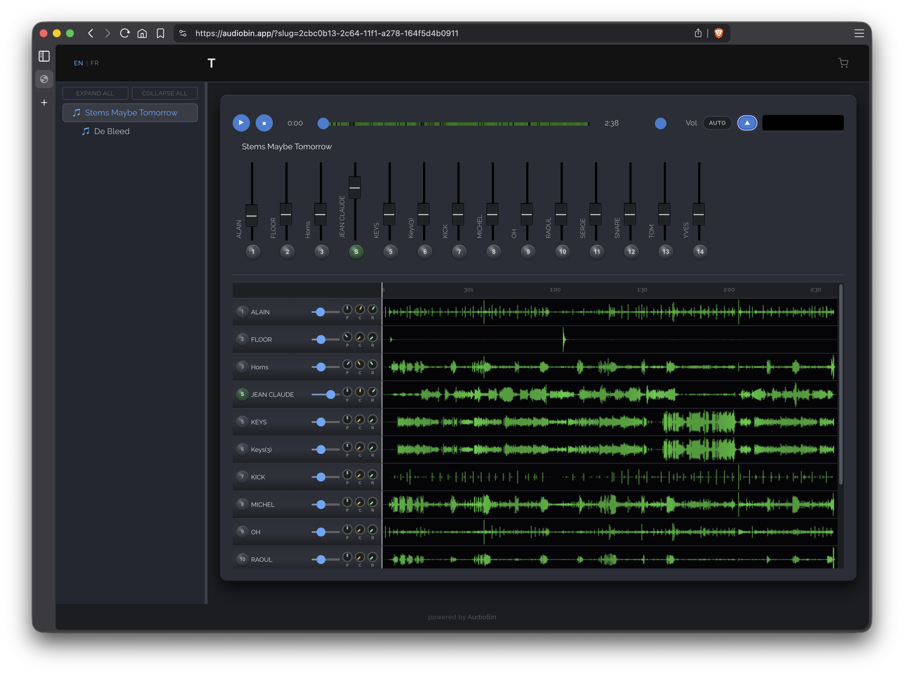 AudioBin Web Player - Per-track faders, charts, video