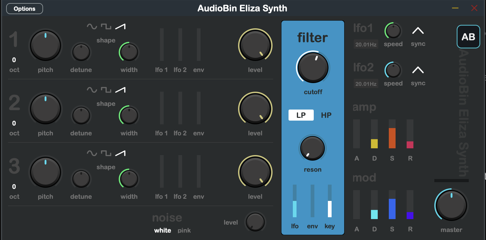 AudioBin Eliza Synth standalone app with oscillators, filter, envelopes, and LFO controls