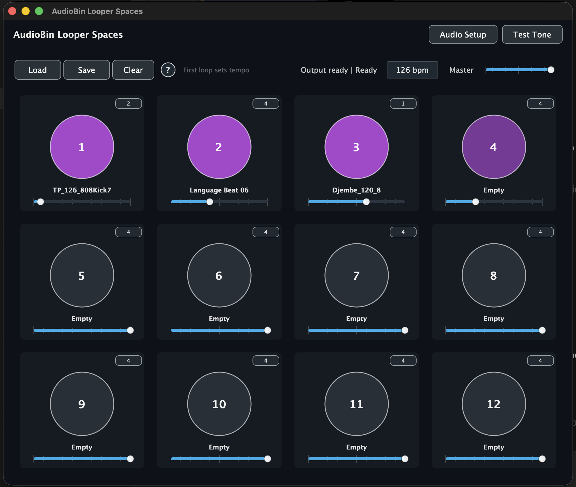 AudioBin Looper Spaces showing twelve loop pads
