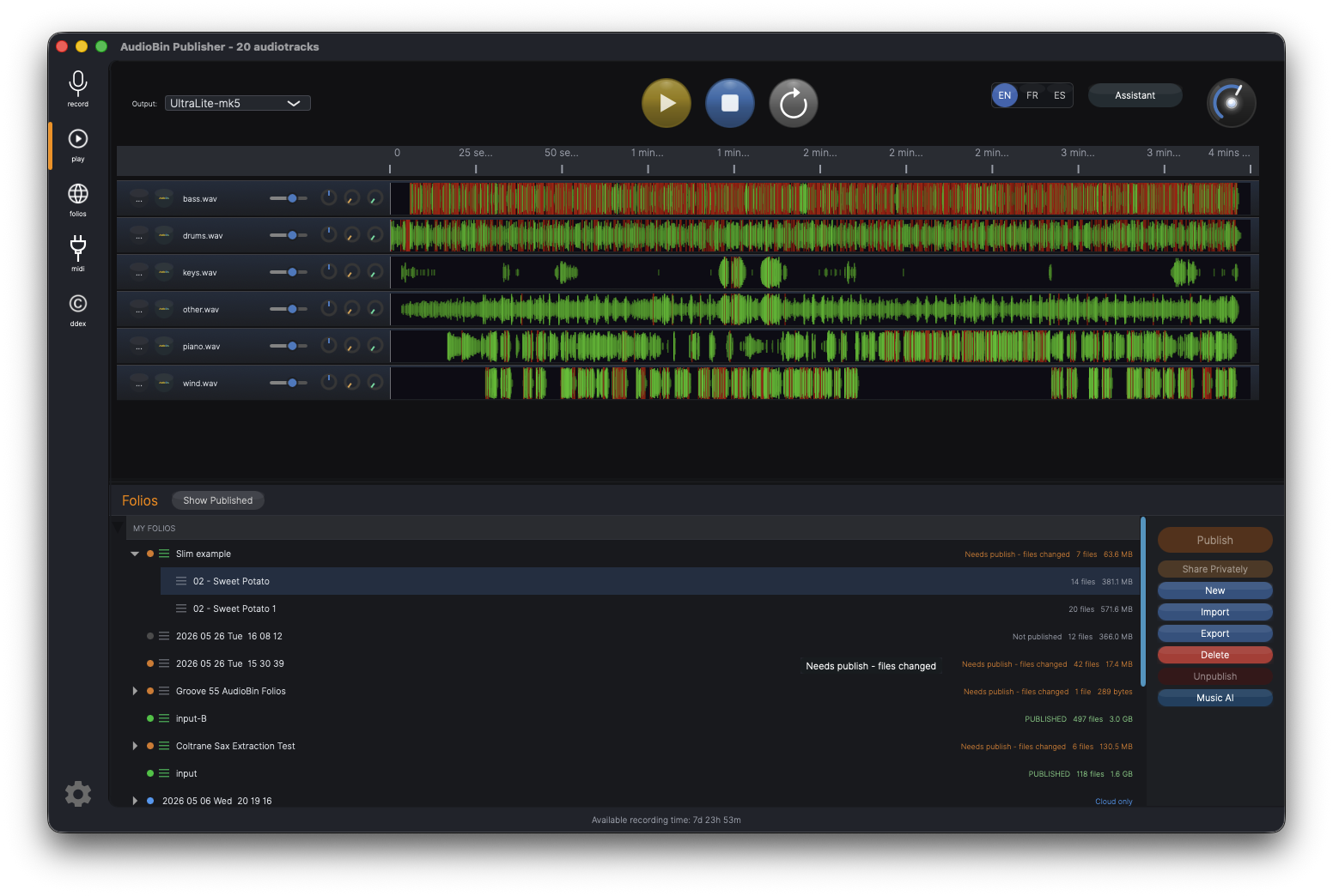 AudioBin Publisher showing multitrack session and folios